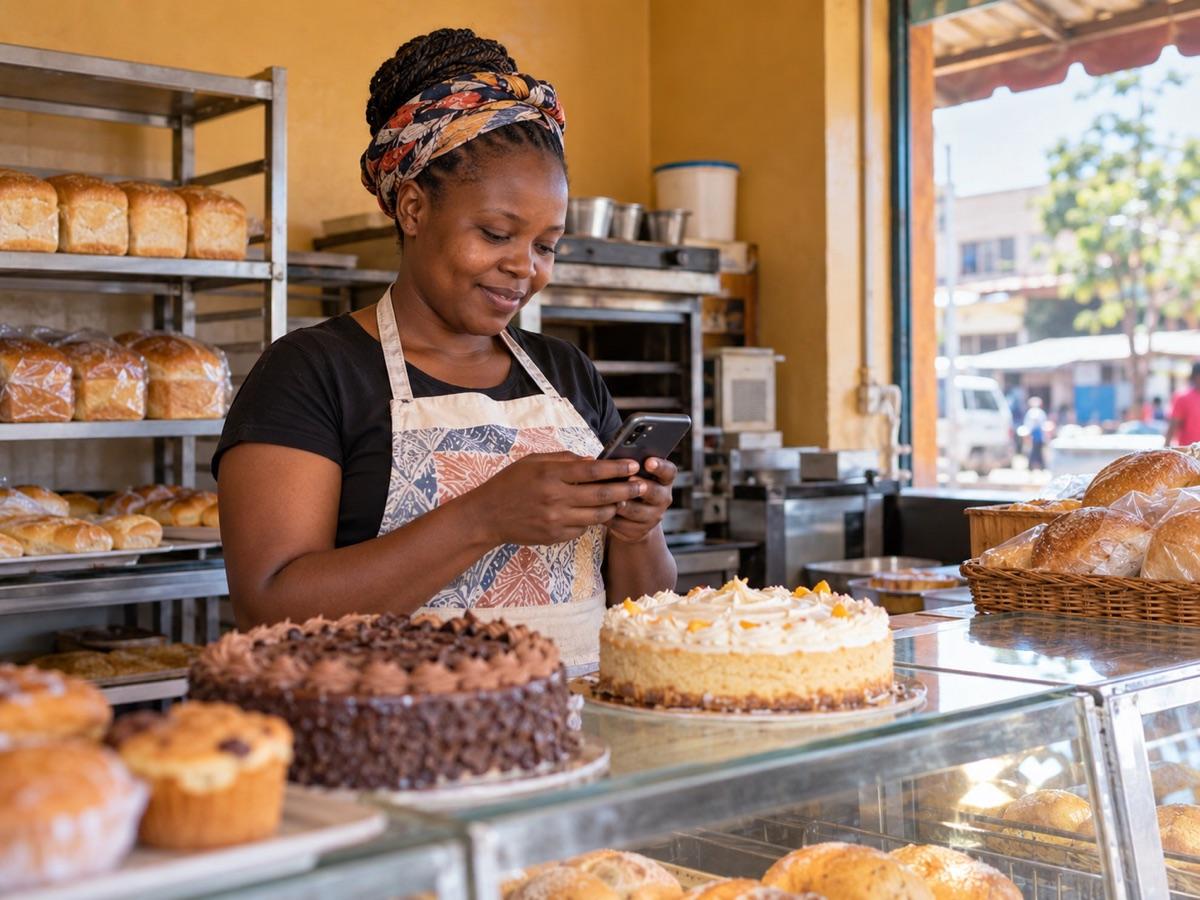 Bakery owner behind her counter