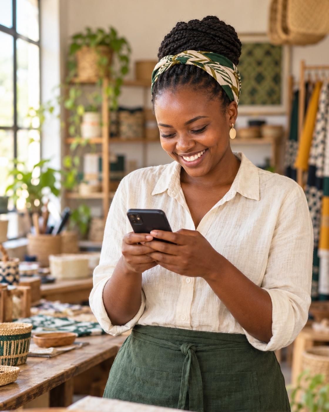 Business owner smiling at her phone