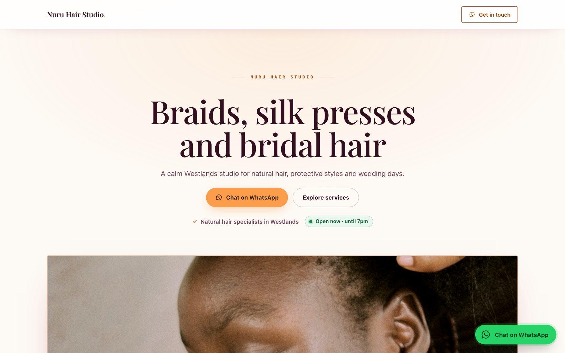 Sample salon website by Ivy: Braids, silk presses and bridal hair, with a Chat on WhatsApp button
