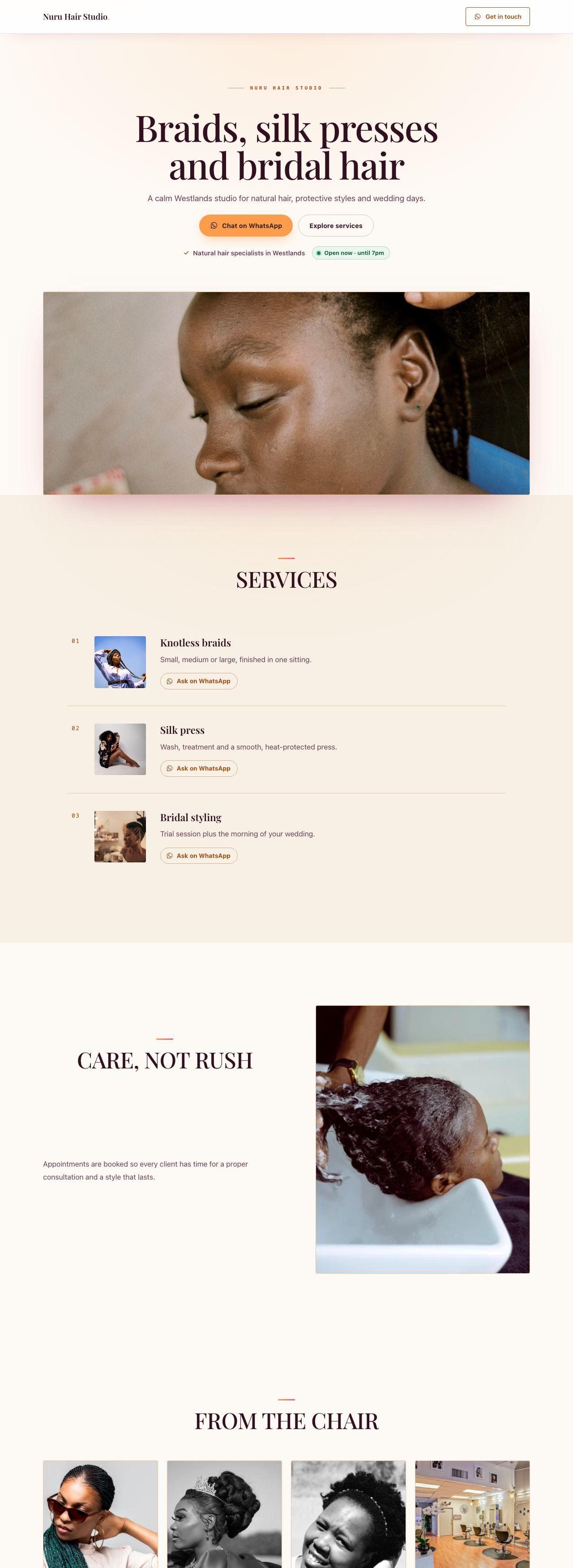 Sample salon website by Ivy: Braids, silk presses and bridal hair, with a Chat on WhatsApp button