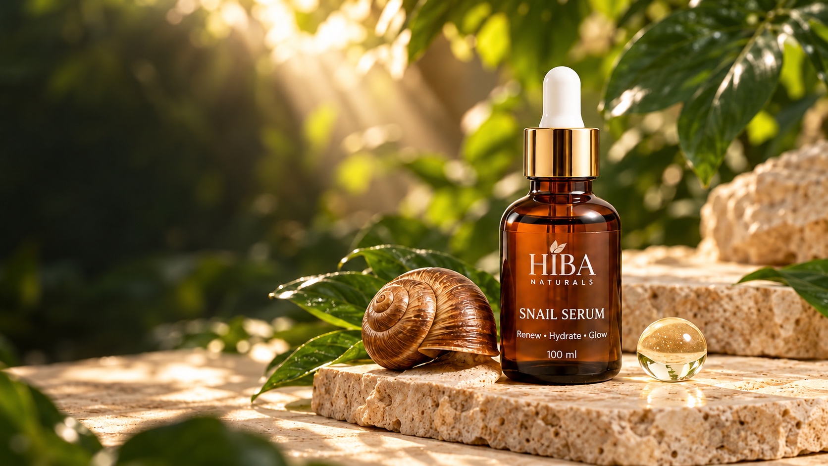 100 ml Hiba Naturals Snail Serum in a warm botanical setting