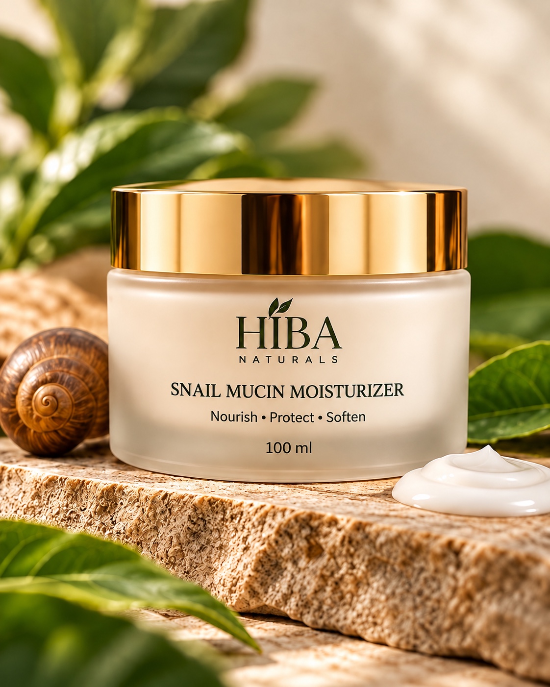 100 ml ivory jar of Hiba Naturals Snail Mucin Moisturizer, styled with leaves and a snail shell