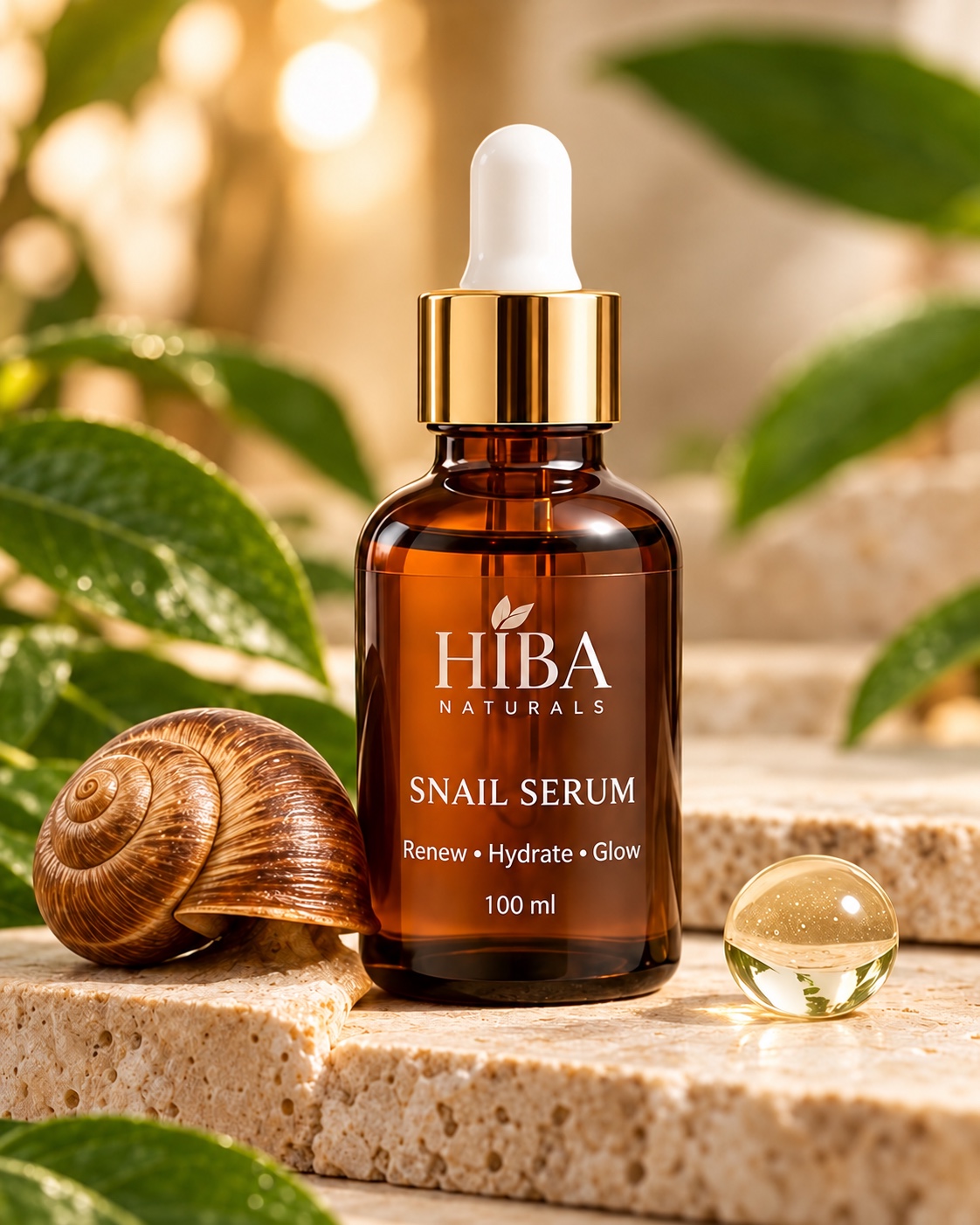 100 ml amber dropper bottle of Hiba Naturals Snail Serum, styled with leaves and a snail shell