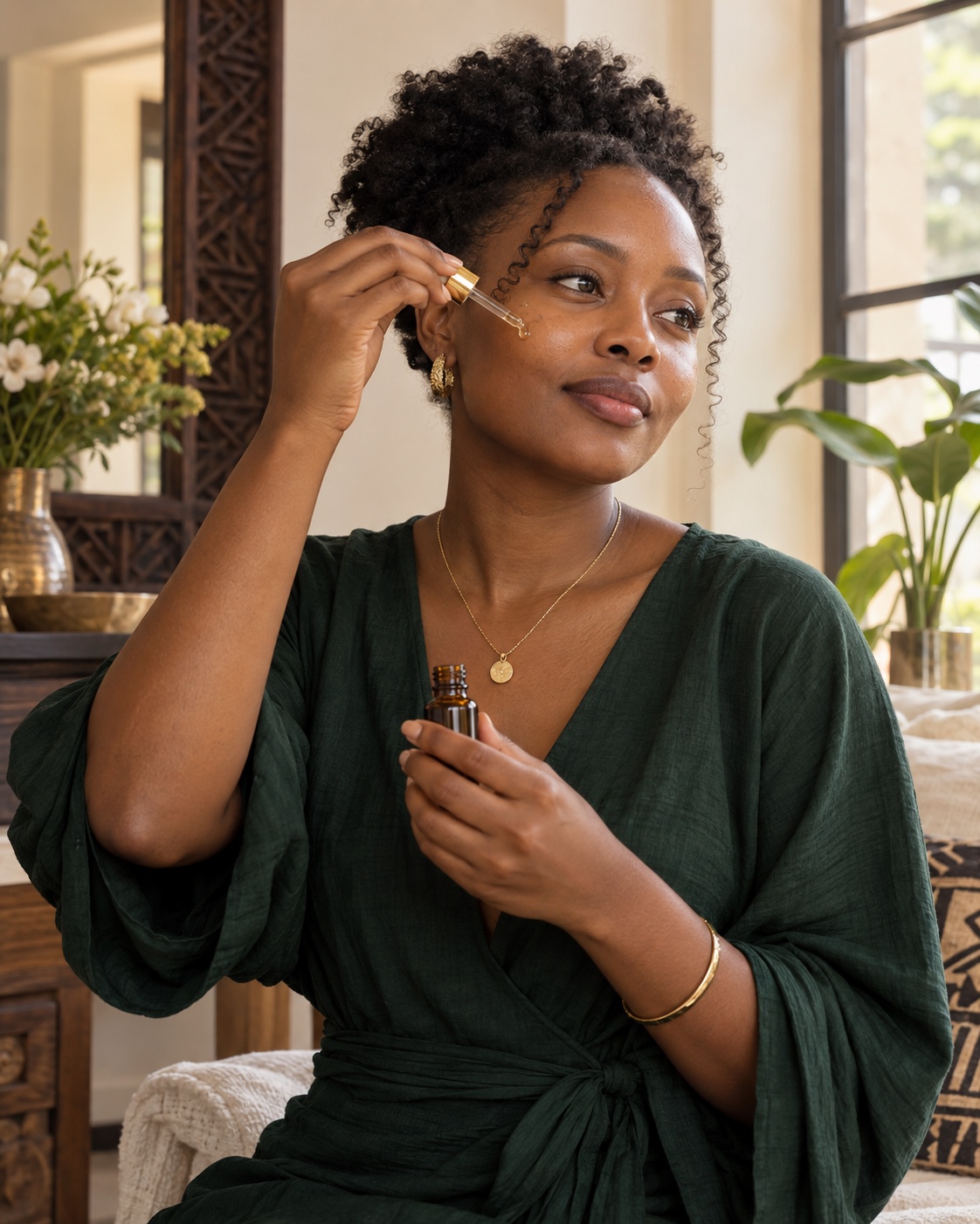 Kenyan woman applying facial serum in a warm, botanical home setting